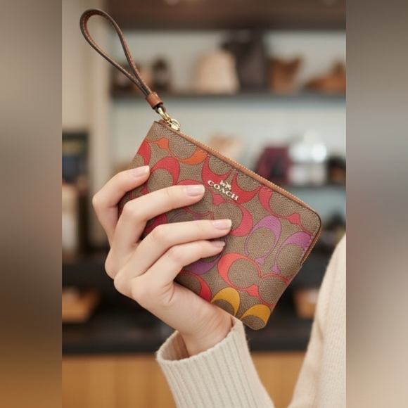 NWT Coach Corner Zip Wristlet In Rainbow Signature Canvas - Picture 1 of 13
